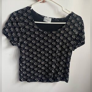 Forever 21 Black Floral Scoop Neck Crop Top with White Print
